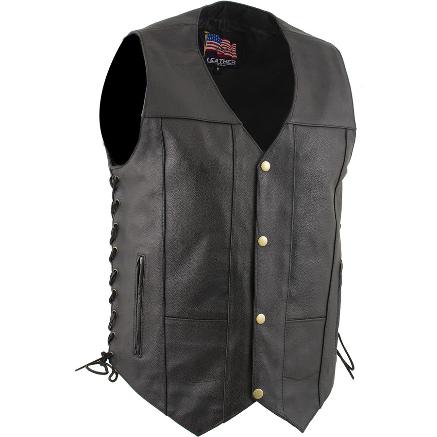 USA Leather 1204 Men's Black 'Dime' Classic Leather Ten Pocket Vest with Side Laces