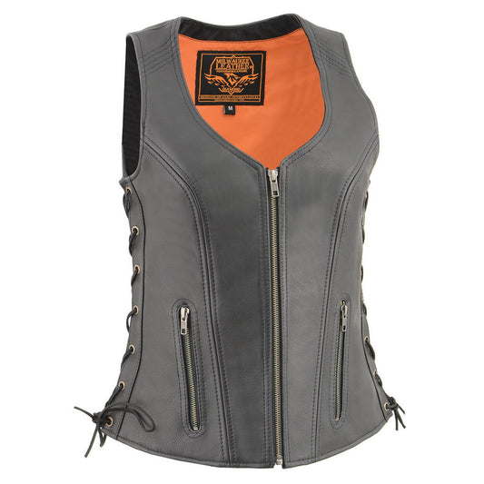 Milwaukee Leather MLL4532 Women’s Black ‘Cool-Tec’ Leather Open Neck Motorcycle Vest