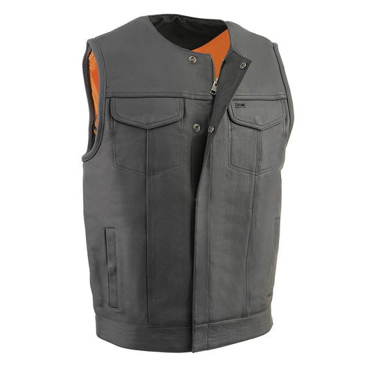 Milwaukee Leather MLM3515 Men's 'Cool-Tec' Black Leather Collarless Motorcycle Club Style Vest