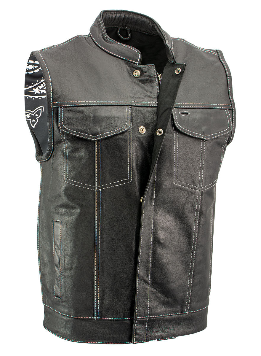 Xelement XS3450 Men's Black 'Paisley' Leather Motorcycle Vest with White Stitching